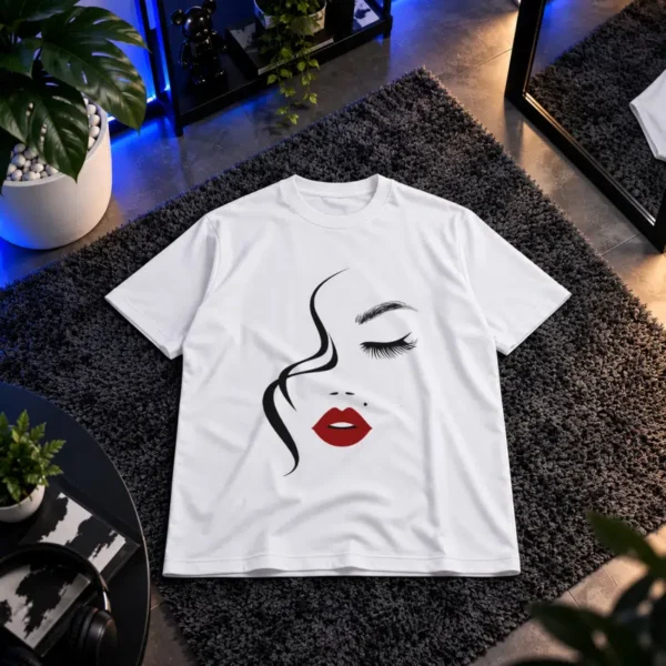 تیشرت چهره زن طرح مینیمال با لب‌های قرمز کد 6233