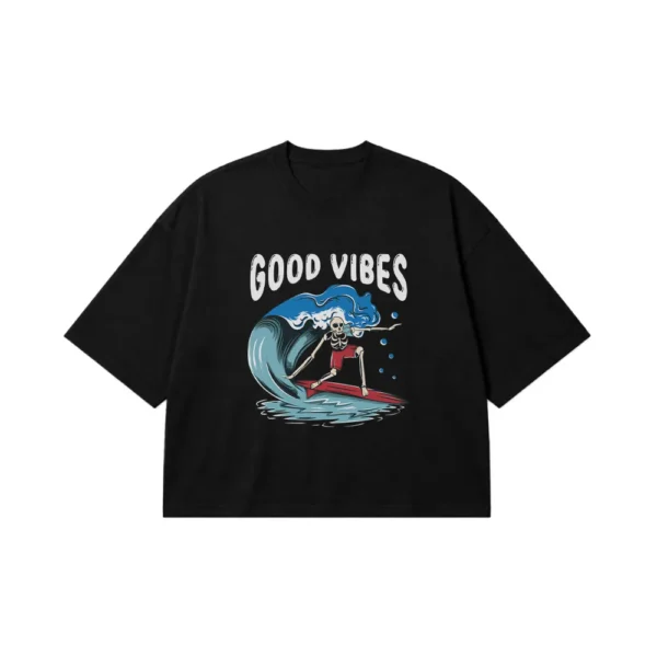 تیشرت باکسی اسکلت موج‌سوار طرح Good Vibes کد 10107