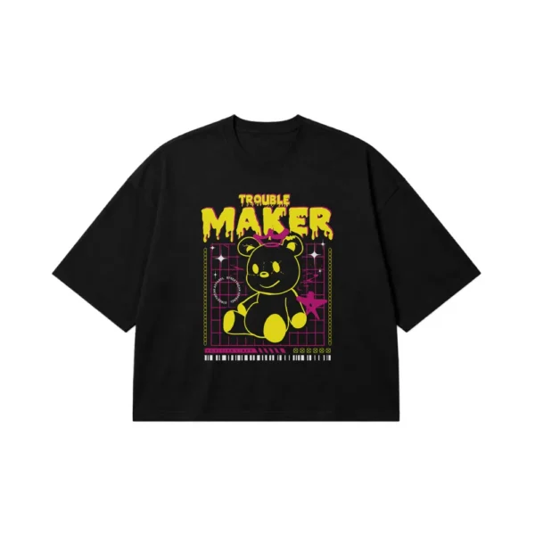 تیشرت باکسی خرس خطی زرد و نوشته Trouble Maker کد 1032