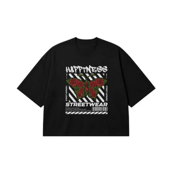 تیشرت باکسی گل رز و پروانه طرح Happiness Streetwear کد 1086
