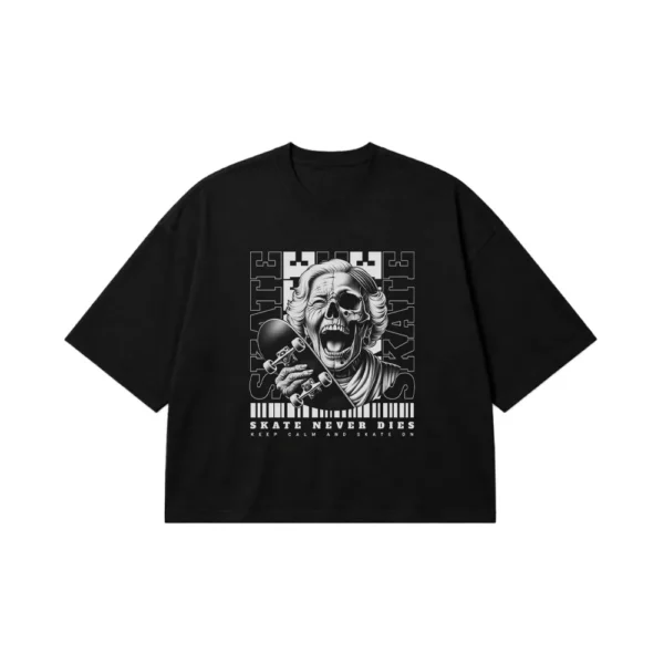 تیشرت باکسی اسکیت بورد طرح اسکلت پیرزن و نوشته Skate Never Dies کد 11677