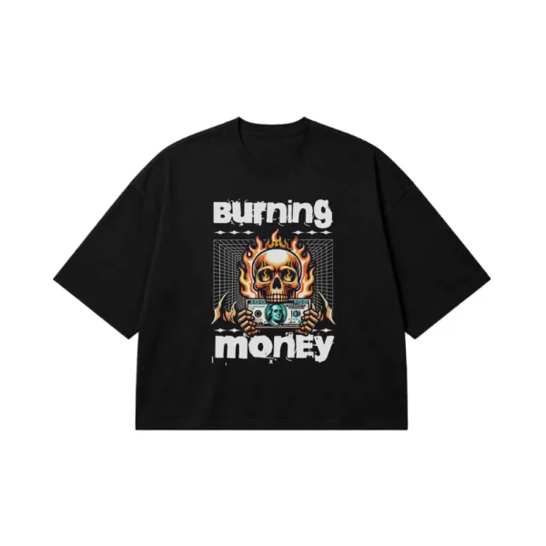 تیشرت باکسی جمجمه طرح پول سوخته (Burning Money) کد 11691