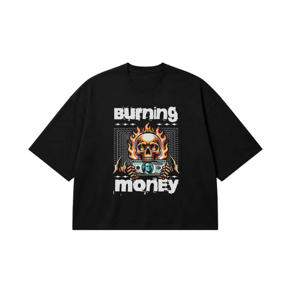 تیشرت باکسی جمجمه طرح پول سوخته (Burning Money) کد 11691