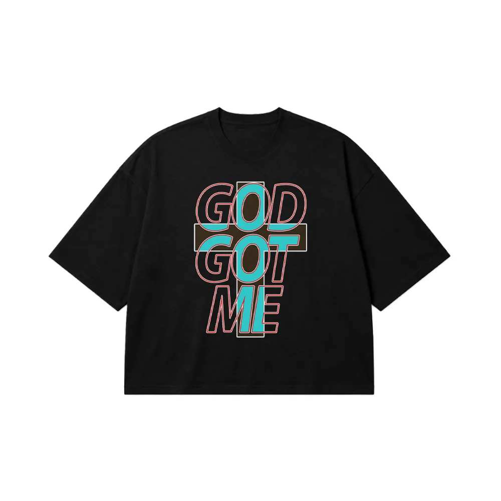 تیشرت باکسی نوشته God Got Me آبی و قهوه‌ای کد 1345