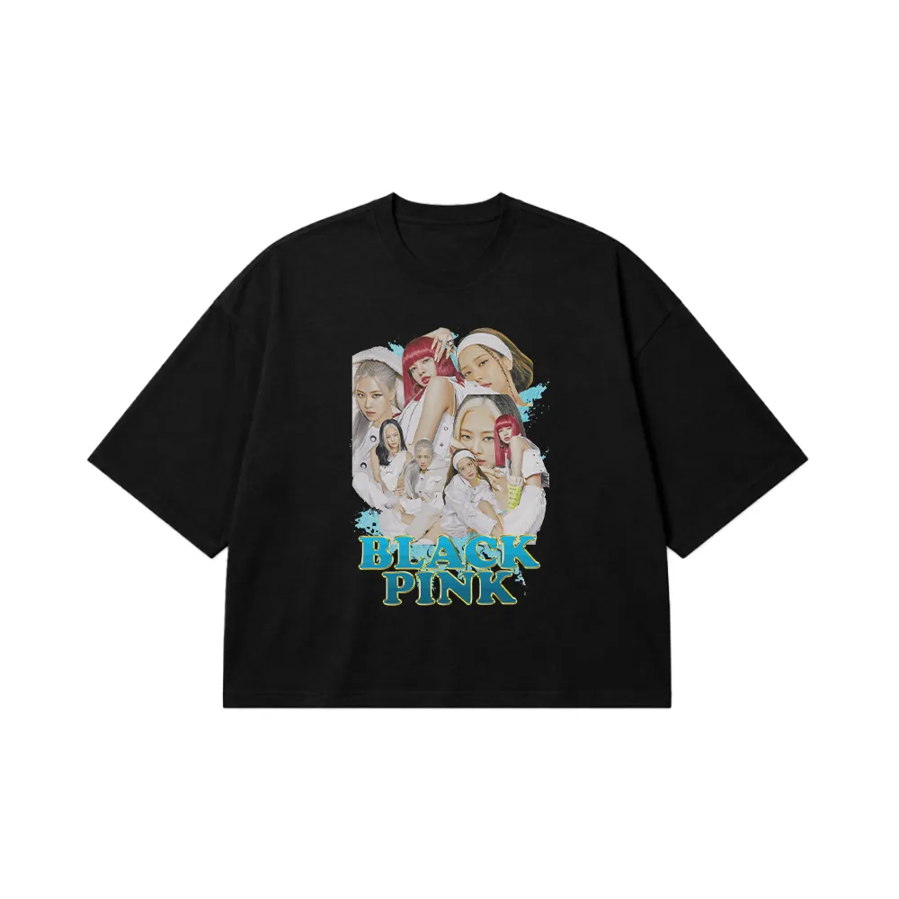 تیشرت باکسی بلک پینک طرح کلاژ سفید (BLACKPINK) کد 13530