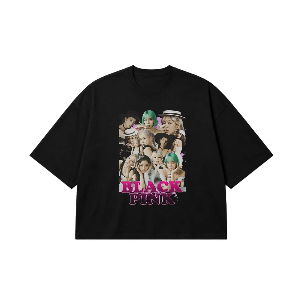 تیشرت باکسی بلک پینک طرح کلاژ اعضا (BLACKPINK) کد 13531