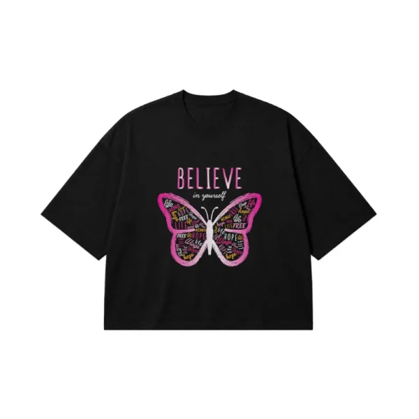 تیشرت باکسی انگیزشی پروانه طرح Believe In Yourself کد 13871