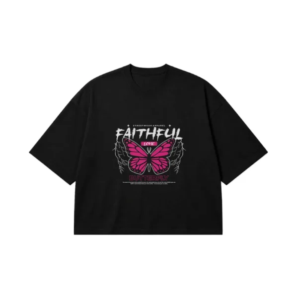 تیشرت باکسی پروانه طرح Faithful Love کد 13922
