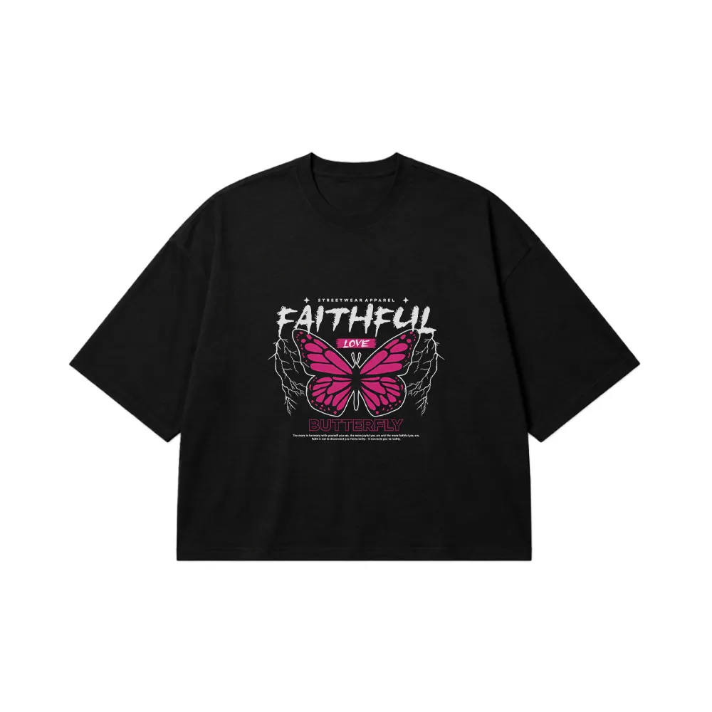 تیشرت باکسی پروانه طرح Faithful Love کد 13922