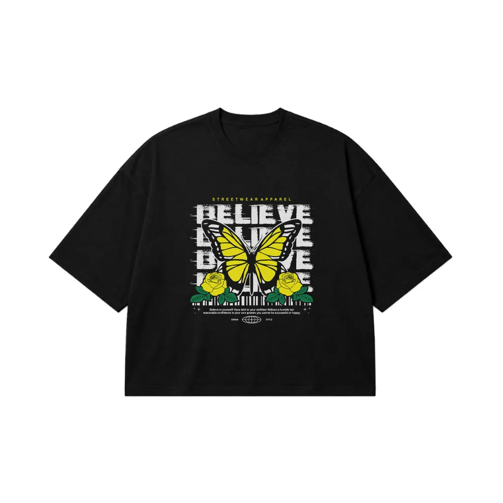 تیشرت باکسی پروانه طرح Believe کد 13948