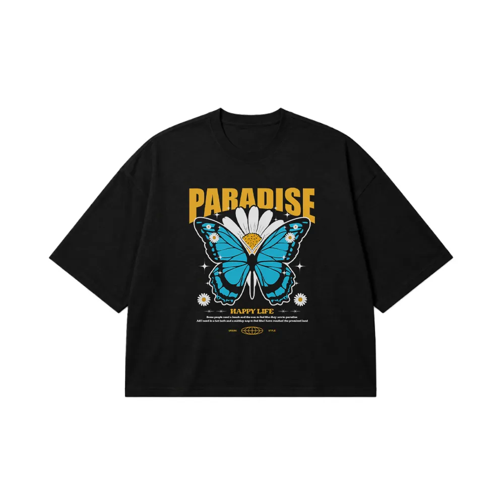 تیشرت باکسی پروانه طرح Paradise Happy Life کد 13949