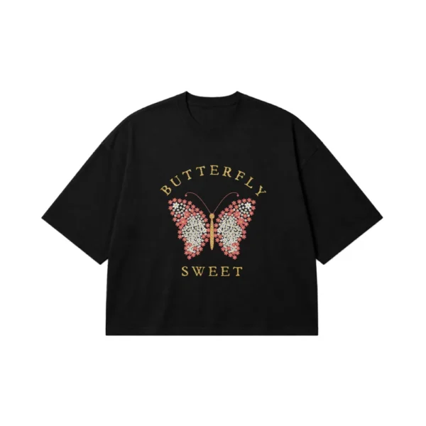 تیشرت باکسی پروانه گل‌دار طرح Sweet کد 13959