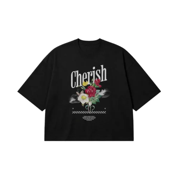 تیشرت باکسی گل رز طرح Cherish کد 14313