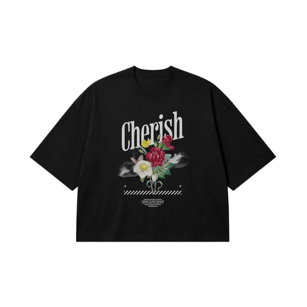 تیشرت باکسی گل رز طرح Cherish کد 14313