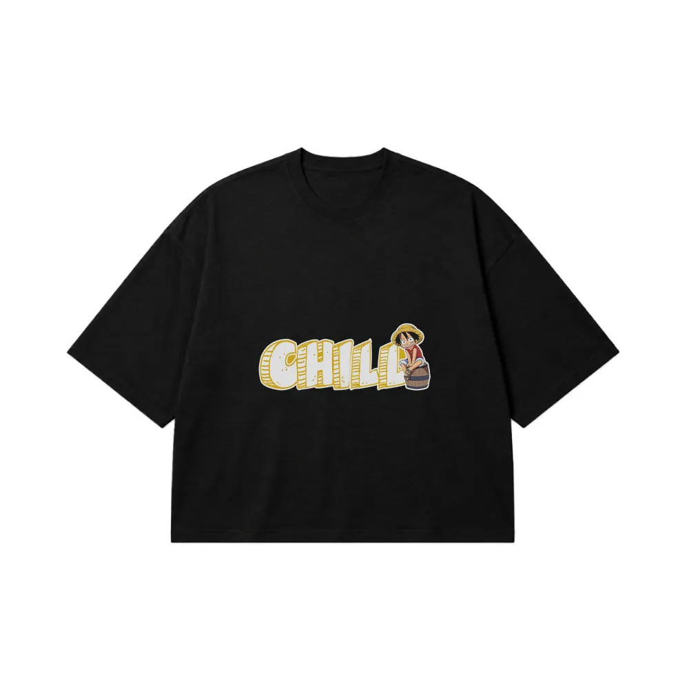 تیشرت باکسی انیمه وان پیس طرح لوفی روی بشکه (Chill Luffy) کد 14339
