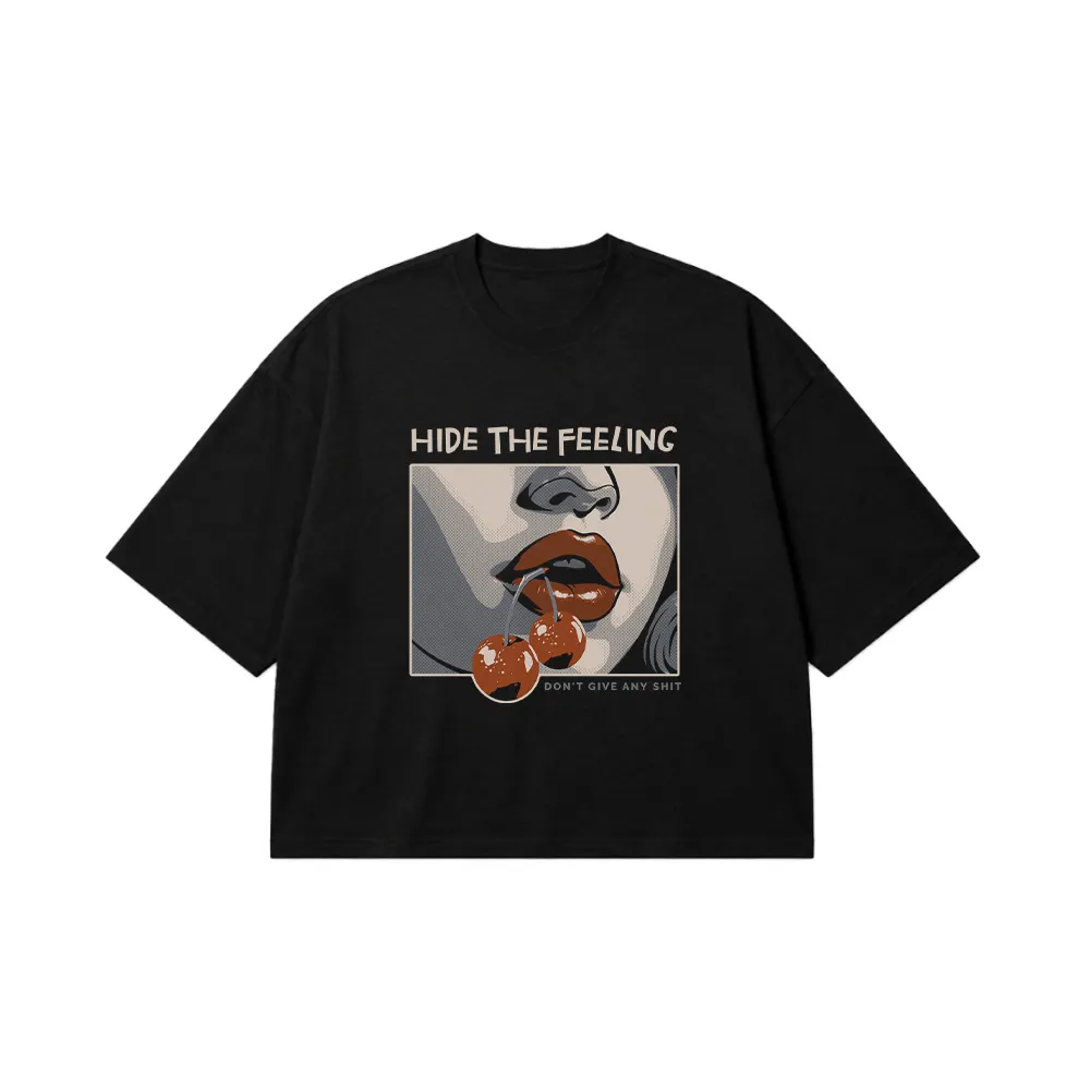 تیشرت باکسی لب طرح Hide The Feeling کد 14522