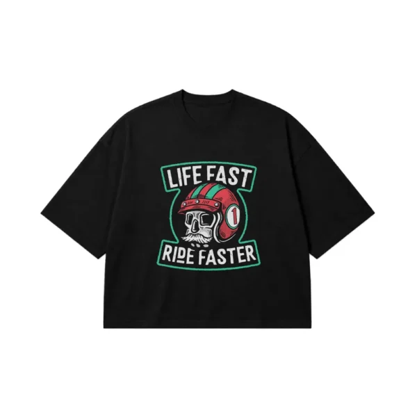 تیشرت باکسی موتورسیکلت طرح جمجمه Life Fast Ride Faster کد 15042
