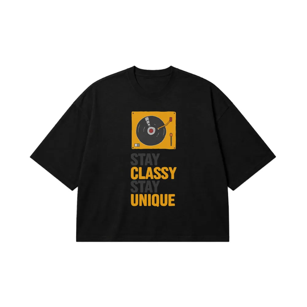 تیشرت باکسی گرام‌افون طرح Stay Classy Stay Unique کد 15853