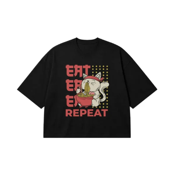 تیشرت باکسی گربه طرح رامن کیوت Eat Repeat کد 18347