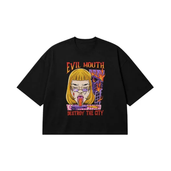 تیشرت باکسی دختر استریت‌ویر طرح Evil Mouth کد 18508
