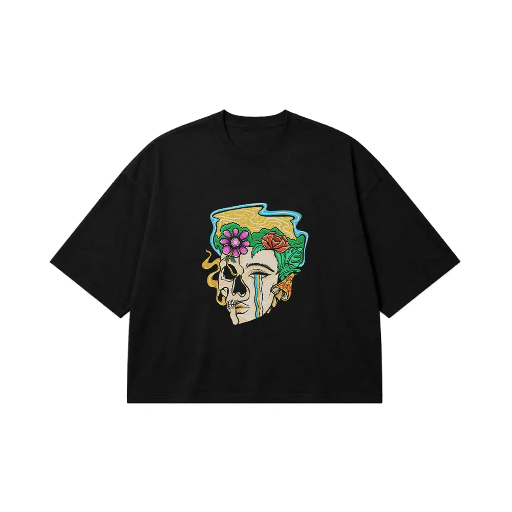 تیشرت باکسی جمجمه گل طرح زرد (Skull Floral) کد 18563