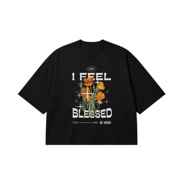 تیشرت باکسی طرح گل شقایق I Feel Blessed کد 18646