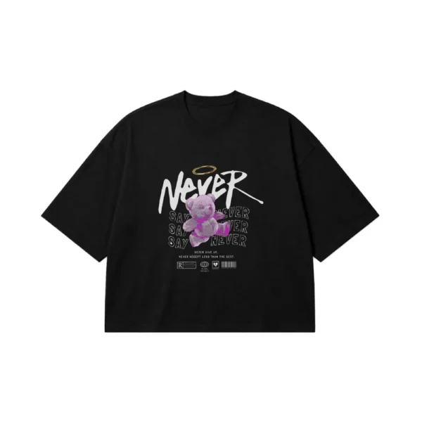 تیشرت باکسی خرس بنفش با هاله و نوشته Never Say Never کد 1879
