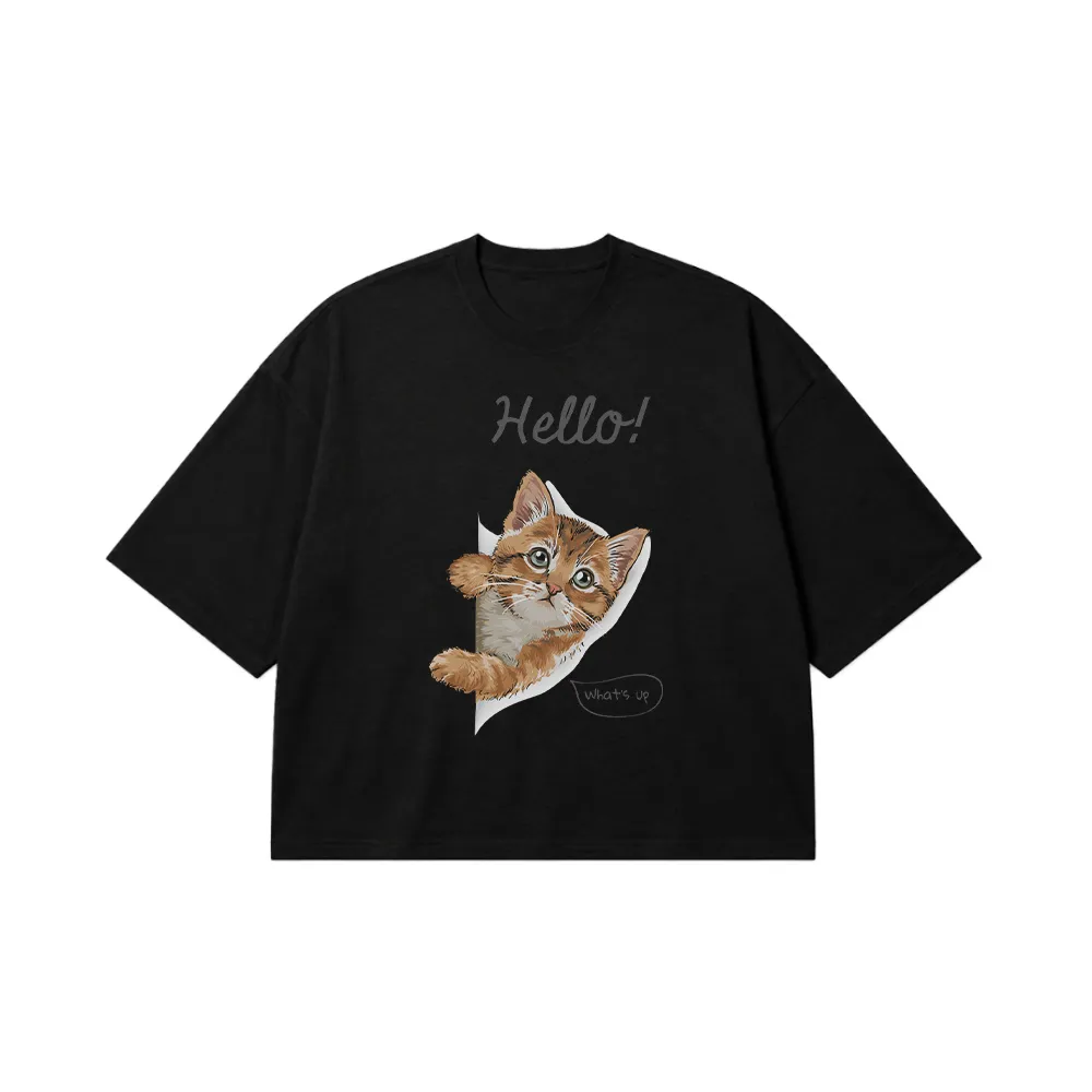 تیشرت باکسی گربه طرح Hello کد 19070
