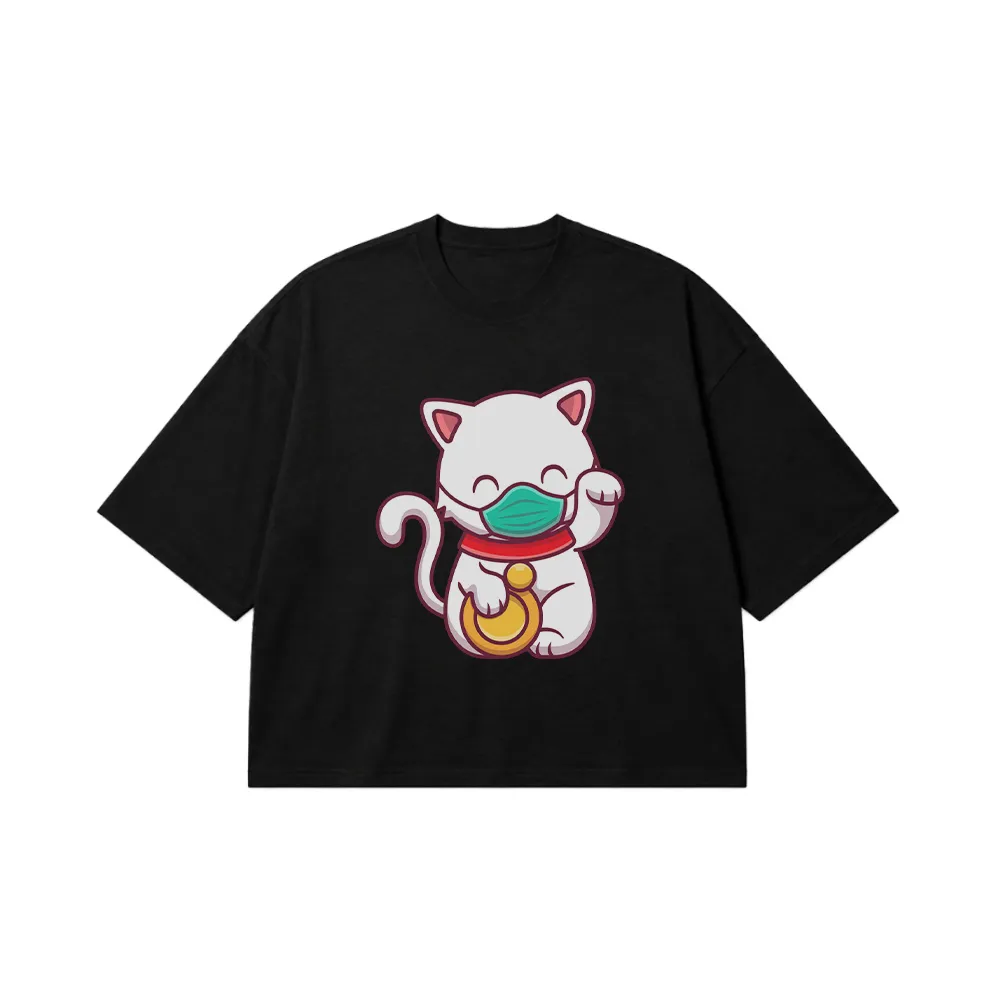 تیشرت باکسی گربه طرح ماسک کیوت (Lucky Cat Mask) کد 19214