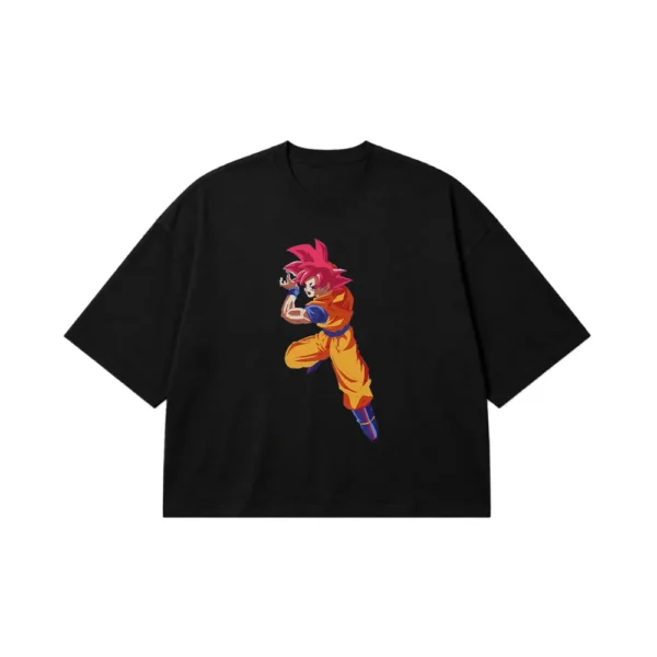 تیشرت باکسی انیمه دراگون بال طرح گوکو گاد قرمز (Goku God) کد 19826