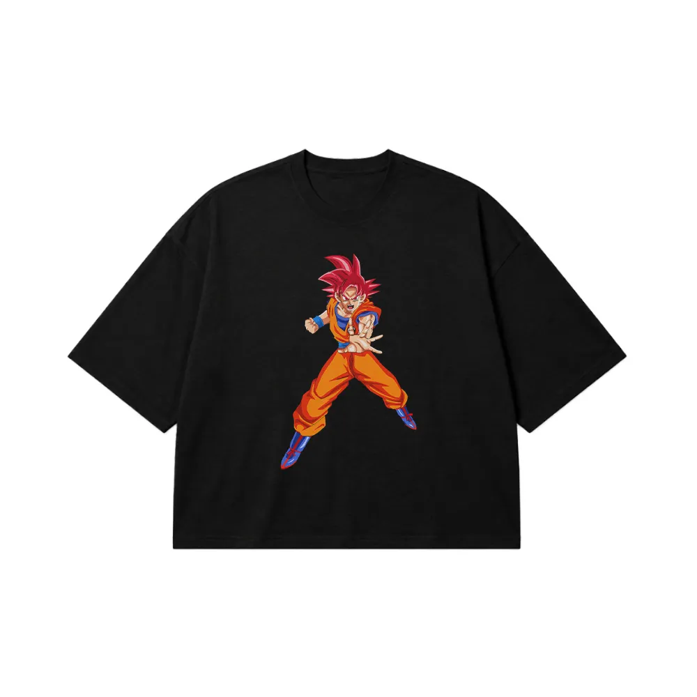 تیشرت باکسی انیمه دراگون بال طرح گوکو سوپر سایان گاد (Super Saiyan God) کد 19827