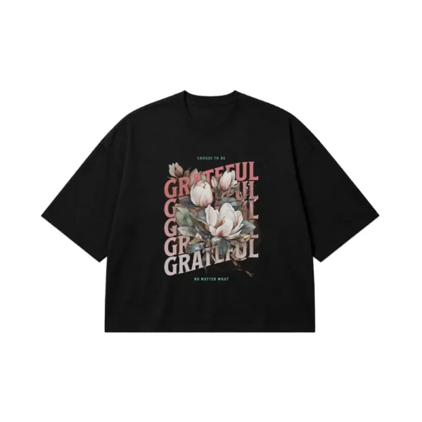 تیشرت باکسی گل طرح نوشته Grateful کد 19944