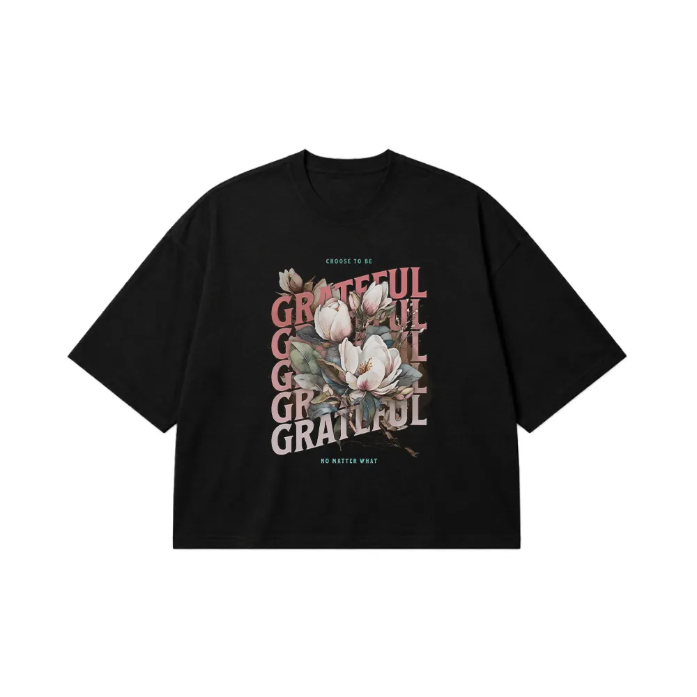 تیشرت باکسی گل طرح نوشته Grateful کد 19944