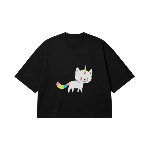 تیشرت باکسی گربه طرح تک‌شاخ رنگین‌کمانی (Unicorn Cat) کد 20257