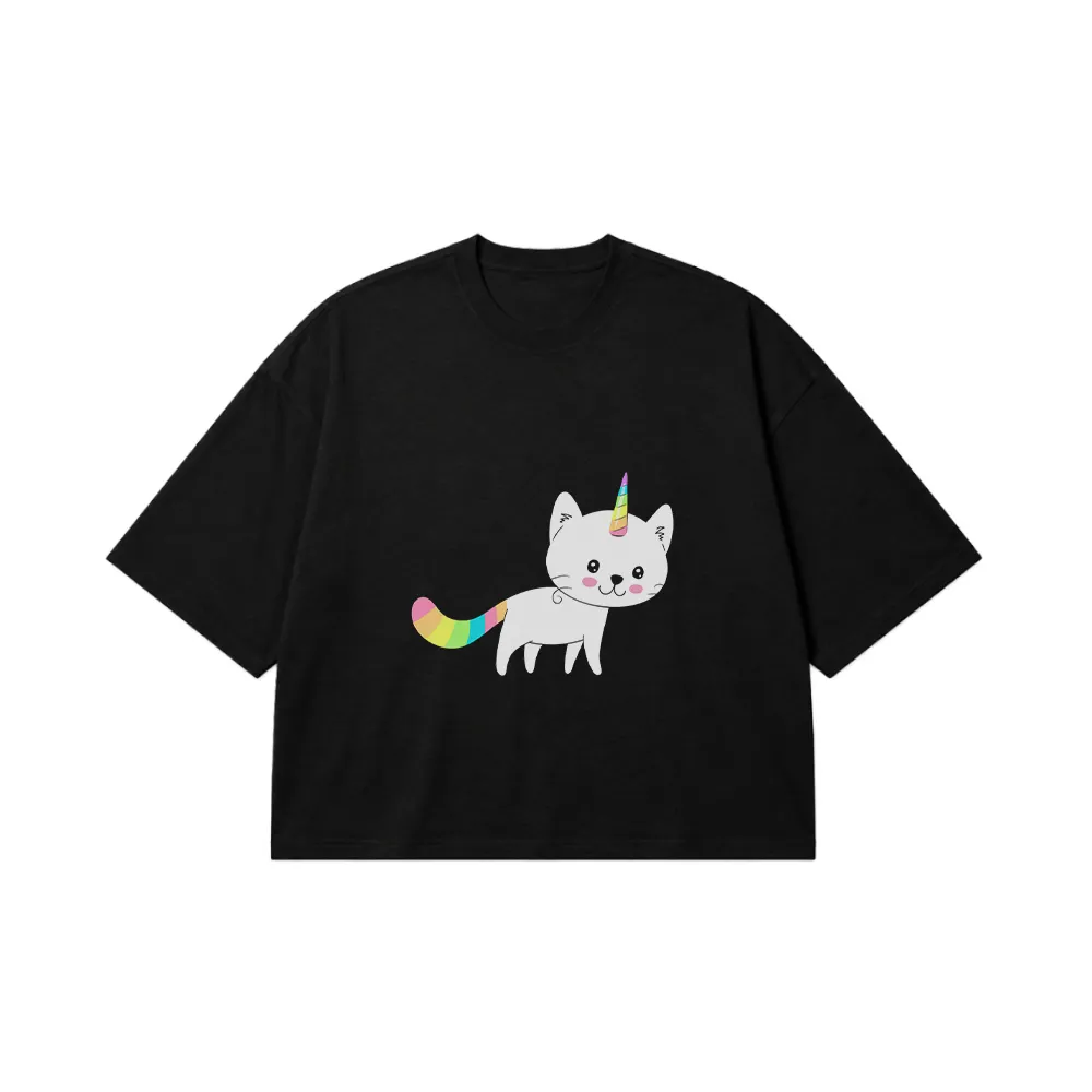 تیشرت باکسی گربه طرح تک‌شاخ رنگین‌کمانی (Unicorn Cat) کد 20257