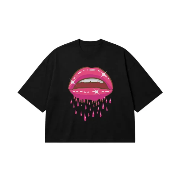 تیشرت باکسی لب طرح صورتی چکه‌دار (Dripping Lips) کد 20791