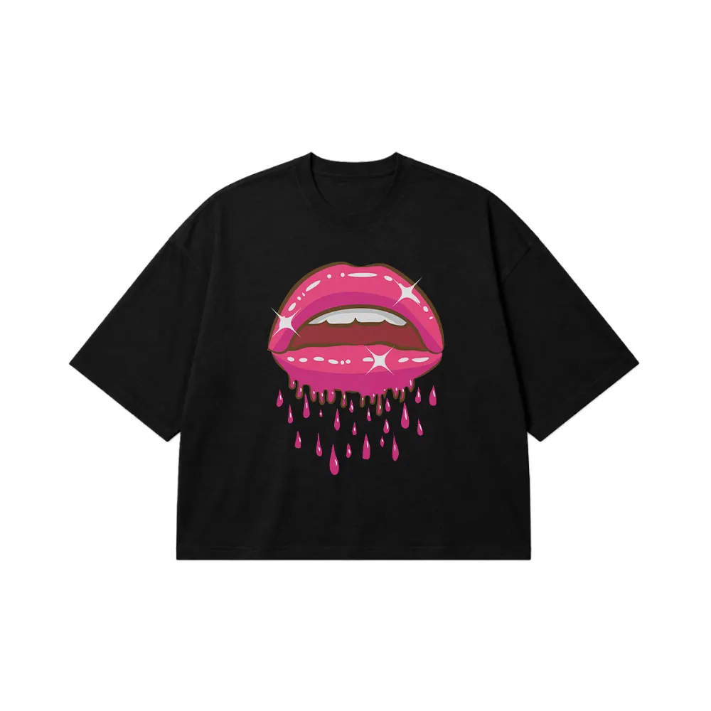 تیشرت باکسی لب طرح صورتی چکه‌دار (Dripping Lips) کد 20791