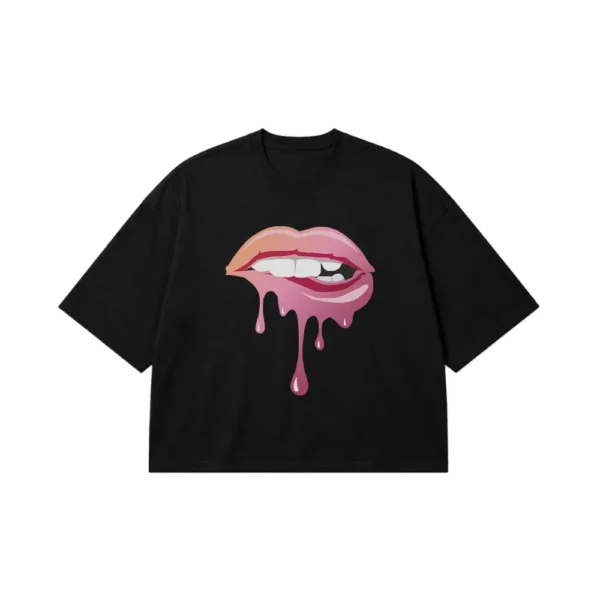 تیشرت باکسی لب طرح صورتی چکه‌دار (Dripping Lips) کد 20934