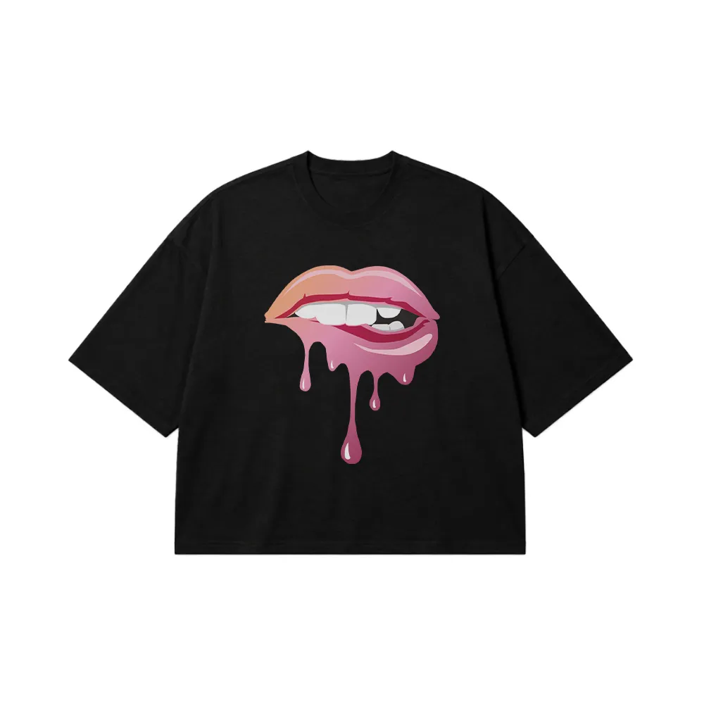 تیشرت باکسی لب طرح صورتی چکه‌دار (Dripping Lips) کد 20934