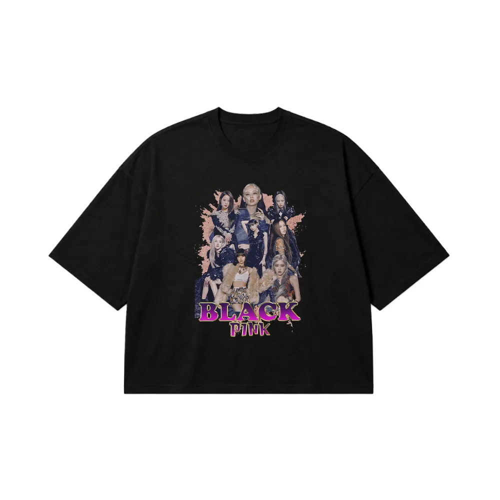 تیشرت باکسی بلک‌پینک طرح کلاژ گروهی عکس (Blackpink) کد 23157