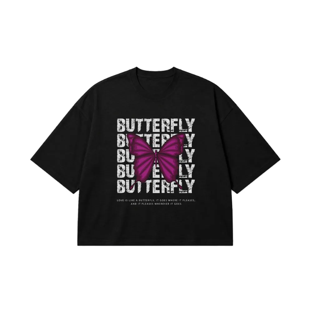 تیشرت باکسی پروانه بنفش و نوشته Butterfly کد 249