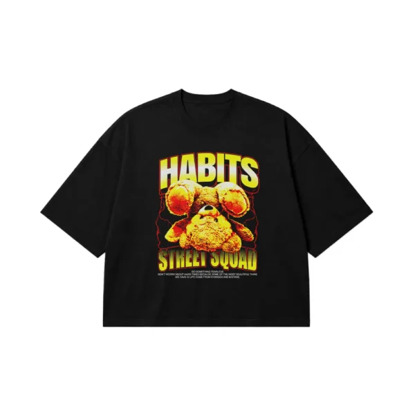 تیشرت باکسی خرس زرد و قرمز و نوشته Habits Street Squad کد 439