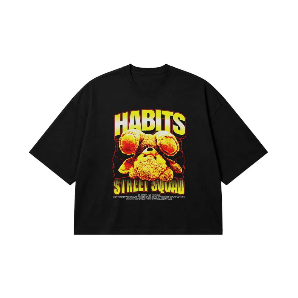 تیشرت باکسی خرس زرد و قرمز و نوشته Habits Street Squad کد 439
