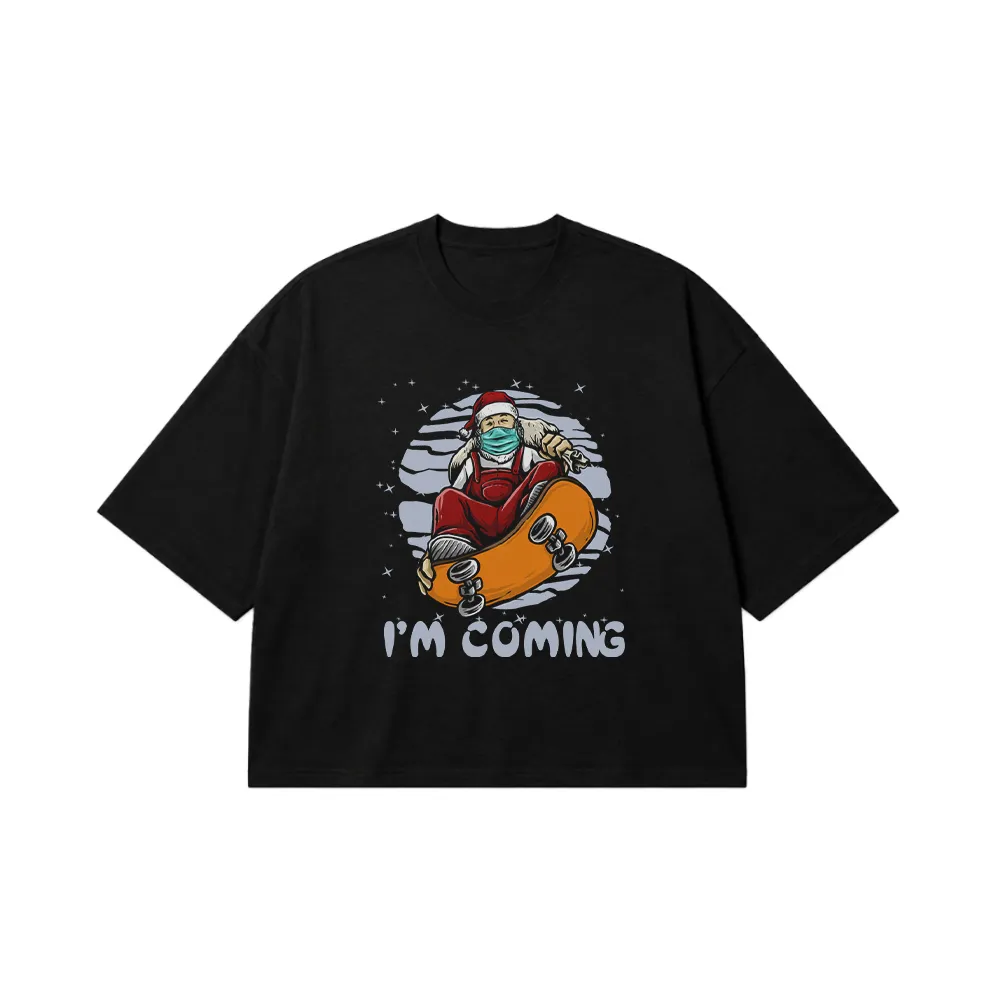 تیشرت باکسی کریسمس طرح بابانوئل اسکیت‌سوار I'm Coming کد 5222