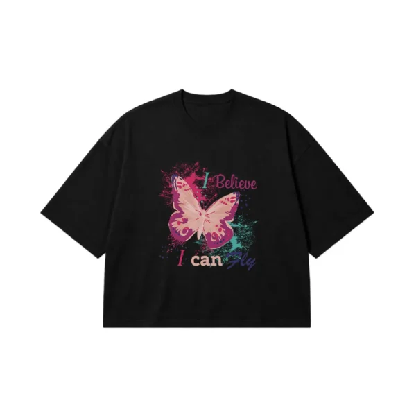 تیشرت باکسی پروانه انگیزشی طرح I Believe I Can Fly کد 6062