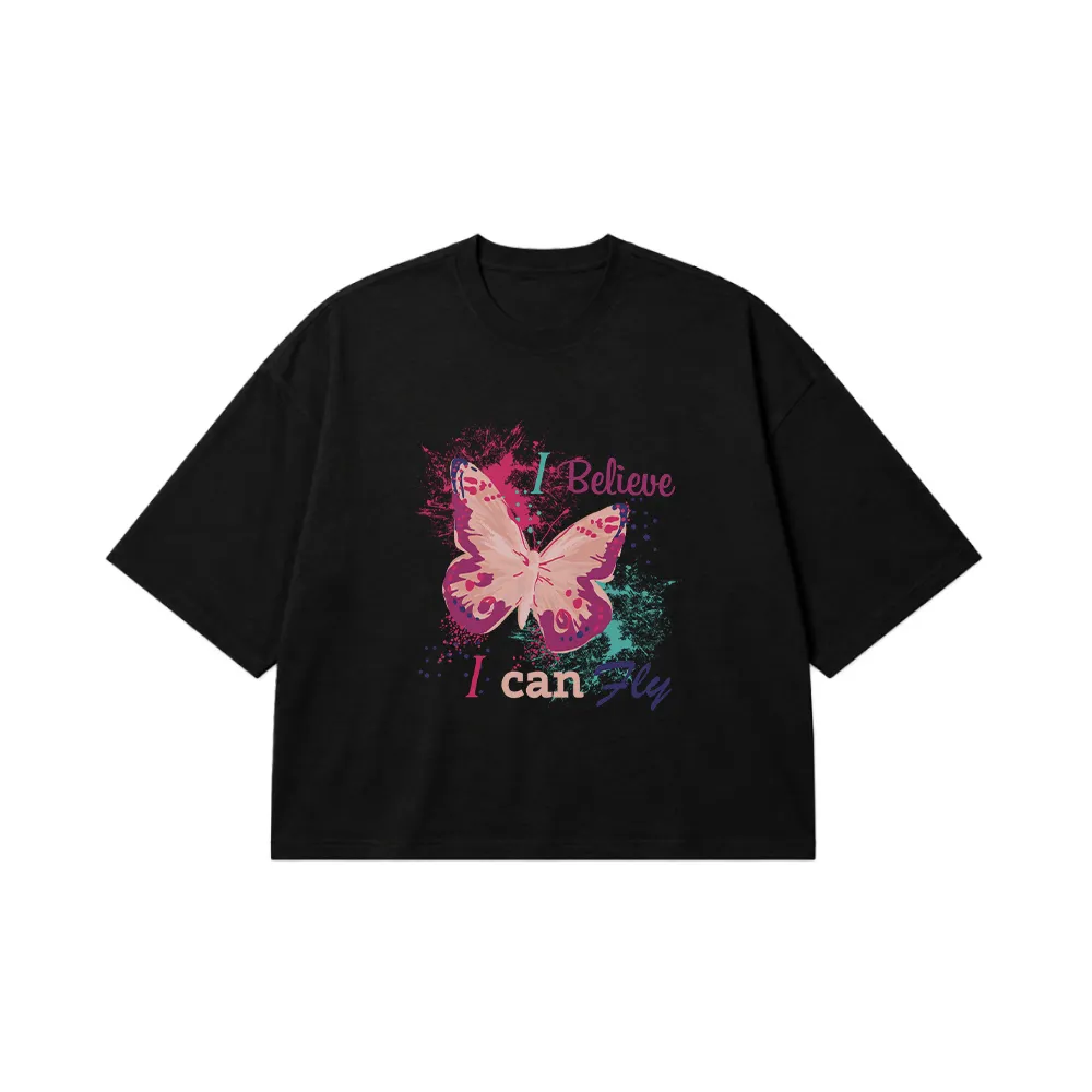 تیشرت باکسی پروانه انگیزشی طرح I Believe I Can Fly کد 6062