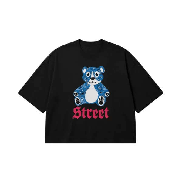 تیشرت باکسی خرس آبی طرح گل‌دار و نوشته Street کد 637