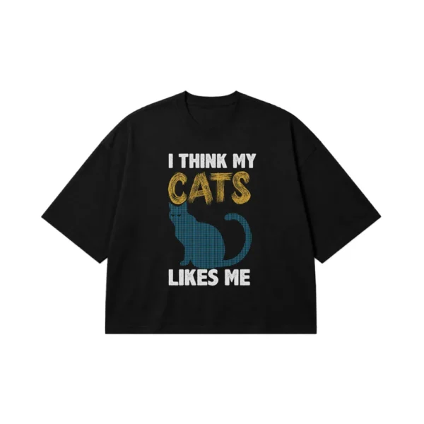 تیشرت باکسی گربه آبی نوشته I Think My Cats Likes Me کد 6776