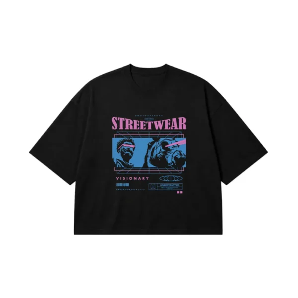 تیشرت باکسی گل‌های آبی و نوشته Streetwear Visionary کد 711