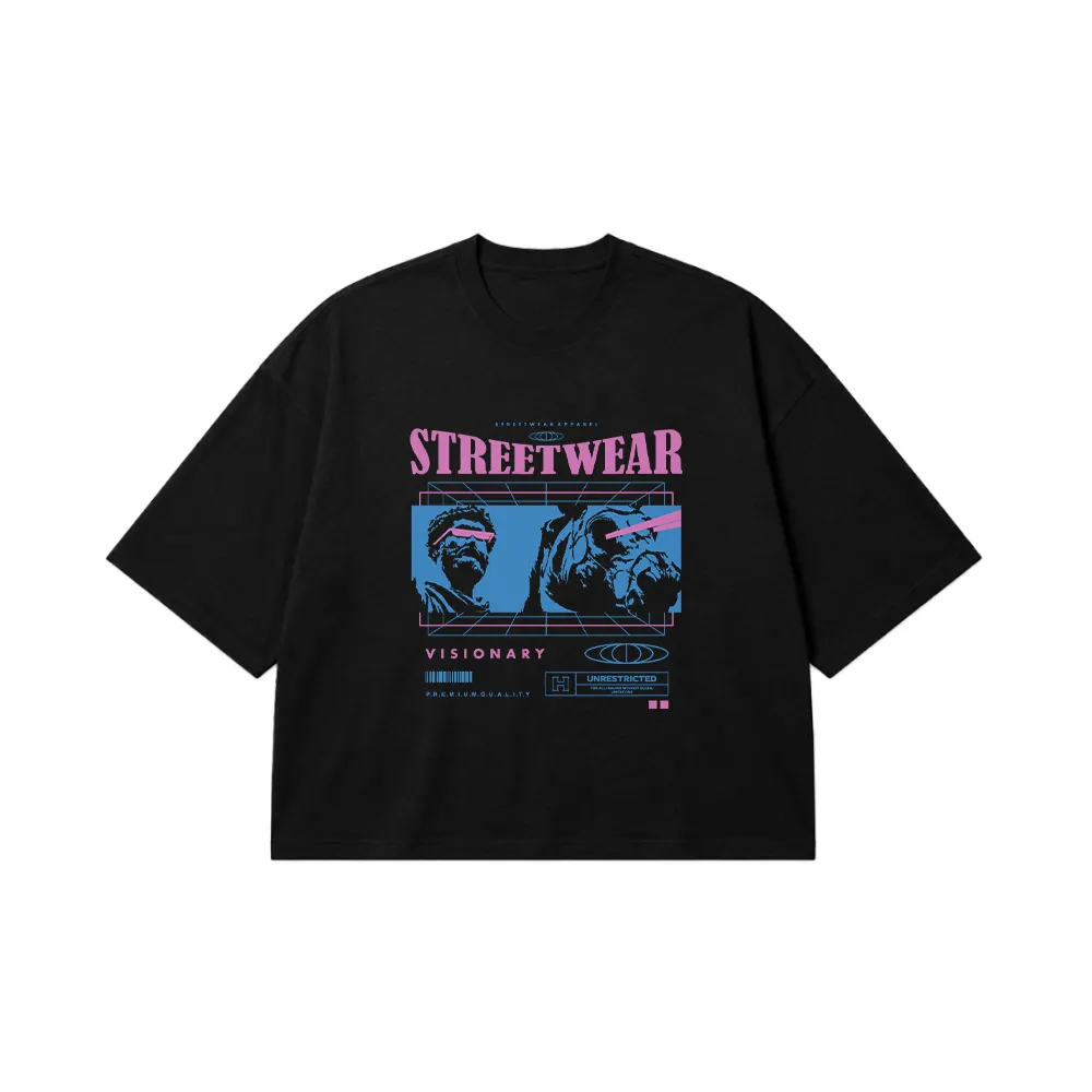 تیشرت باکسی گل‌های آبی و نوشته Streetwear Visionary کد 711